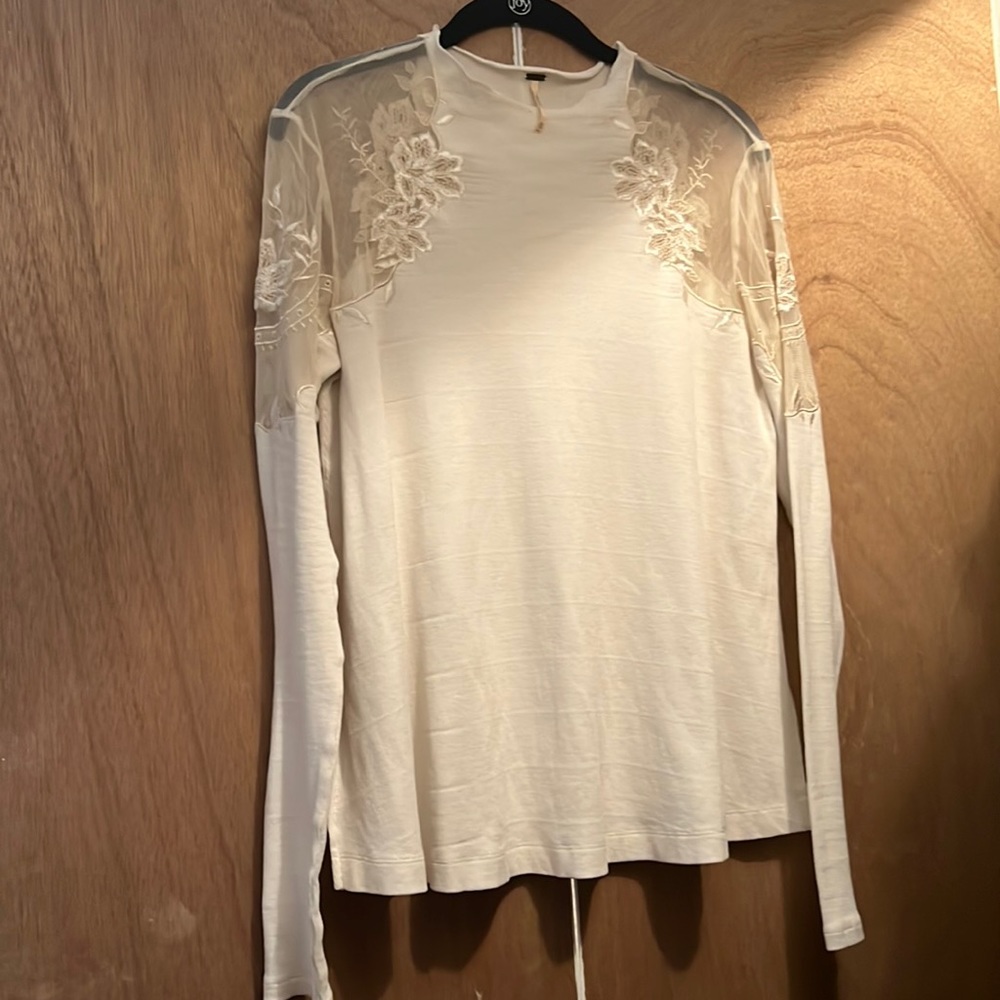 Free People Mesh and Lace Shoulders Sweater in Cream